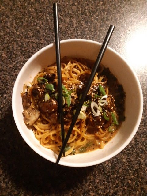 30 minute saucy ginger sesame noodles with caramelized mushrooms