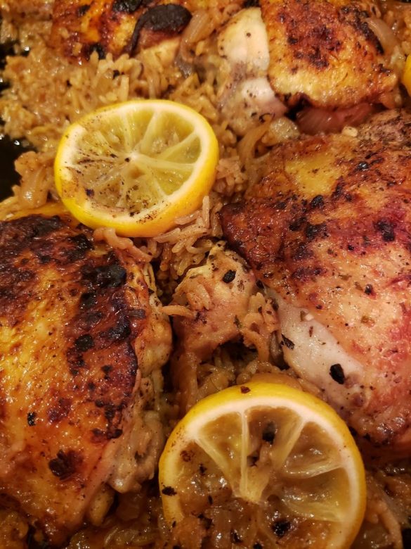 One Pan Greek Lemon Chicken Rice with Roast Garlic